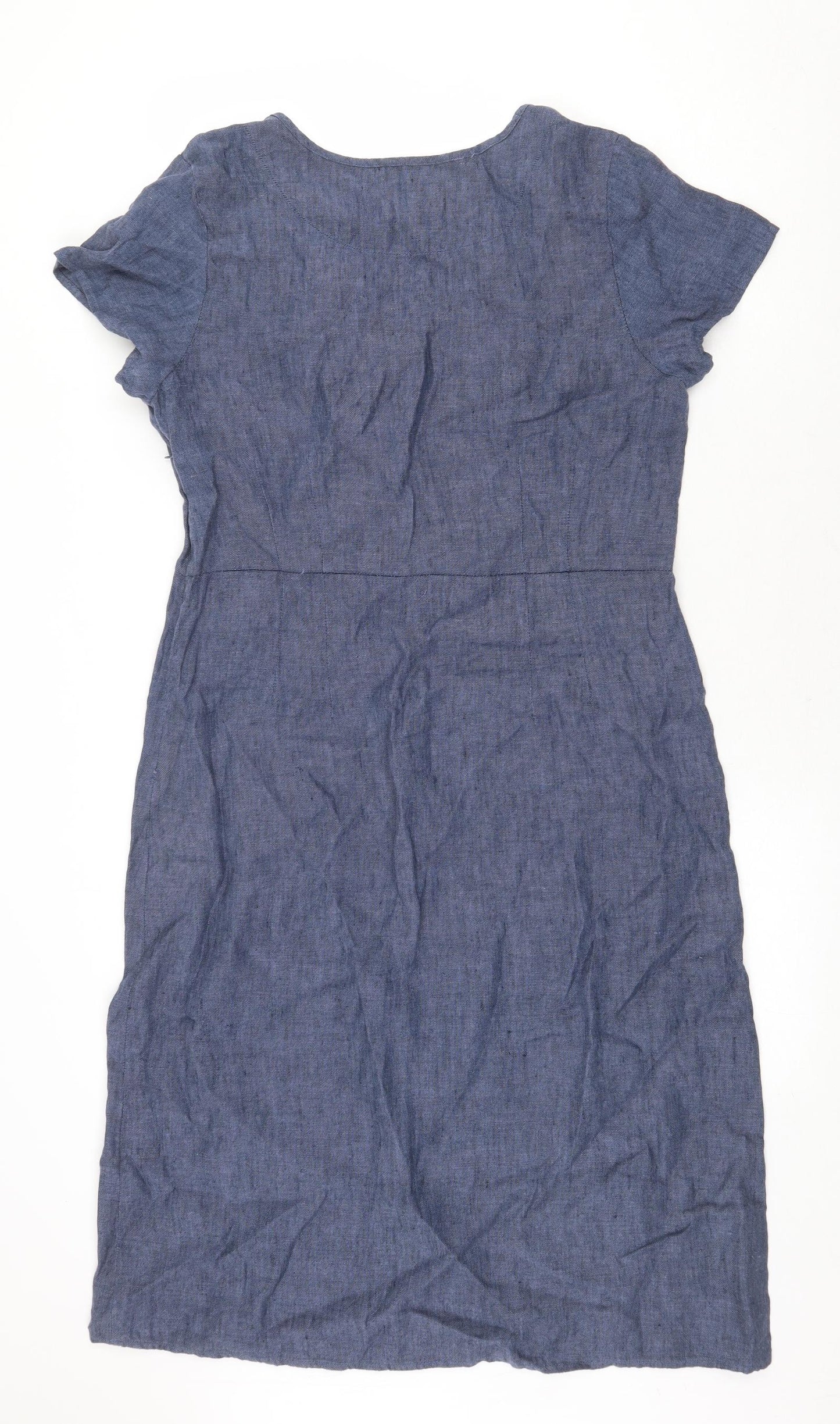 Adini Womens Blue Linen A-Line Size M Round Neck Zip
