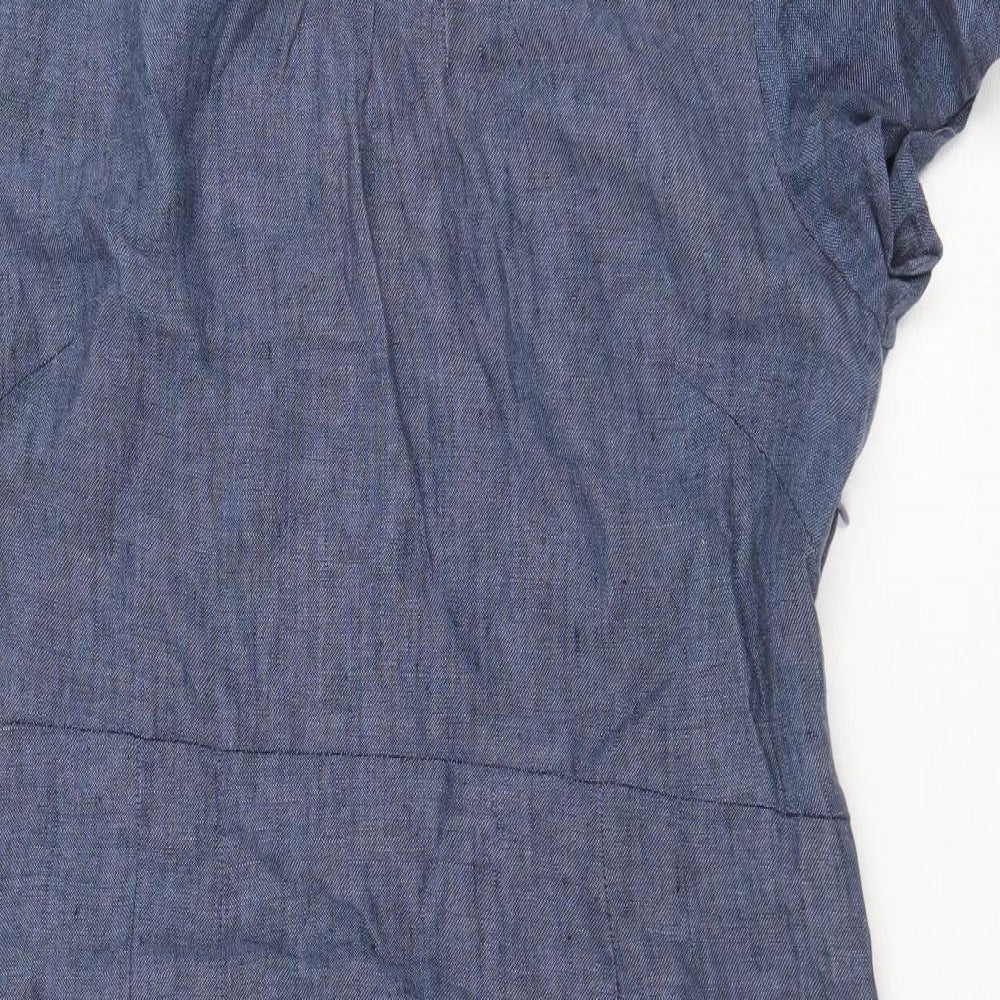 Adini Womens Blue Linen A-Line Size M Round Neck Zip