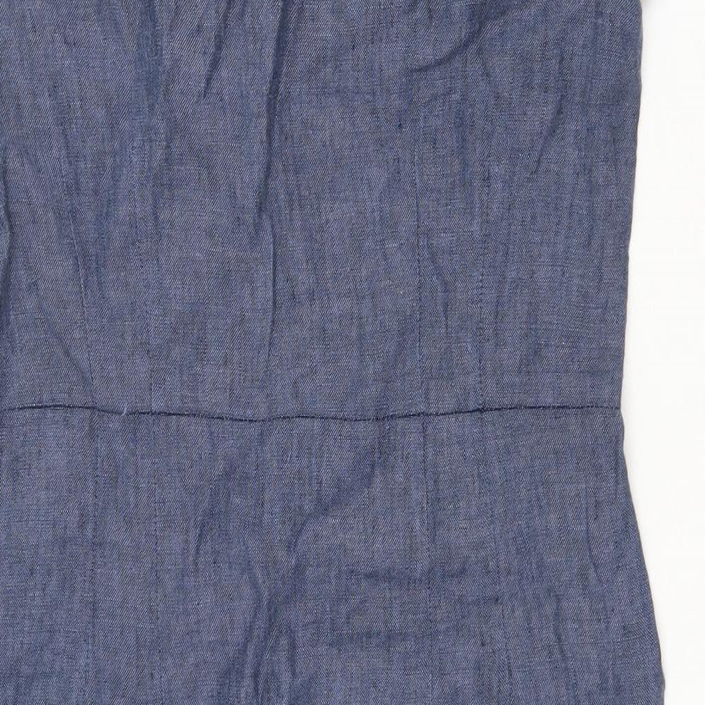 Adini Womens Blue Linen A-Line Size M Round Neck Zip
