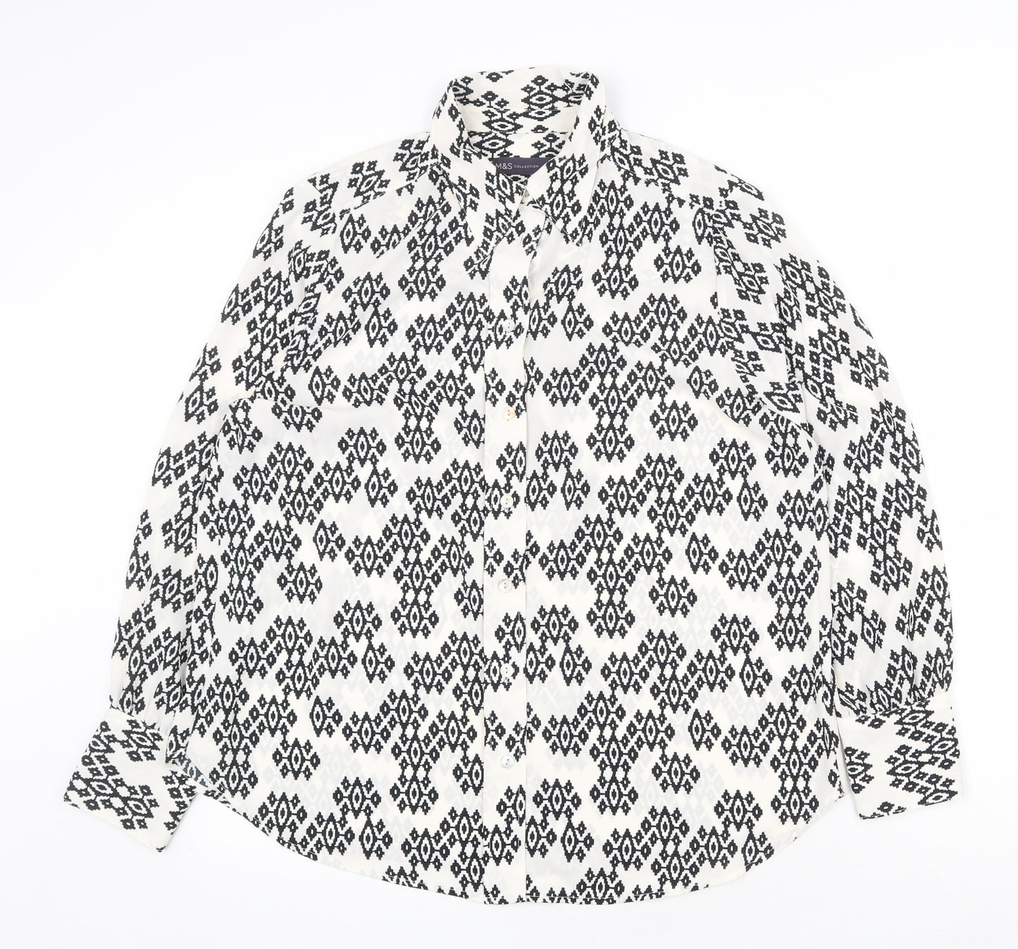 Marks and Spencer Womens White Geometric Polyester Basic Button-Up Size 14 V-Neck