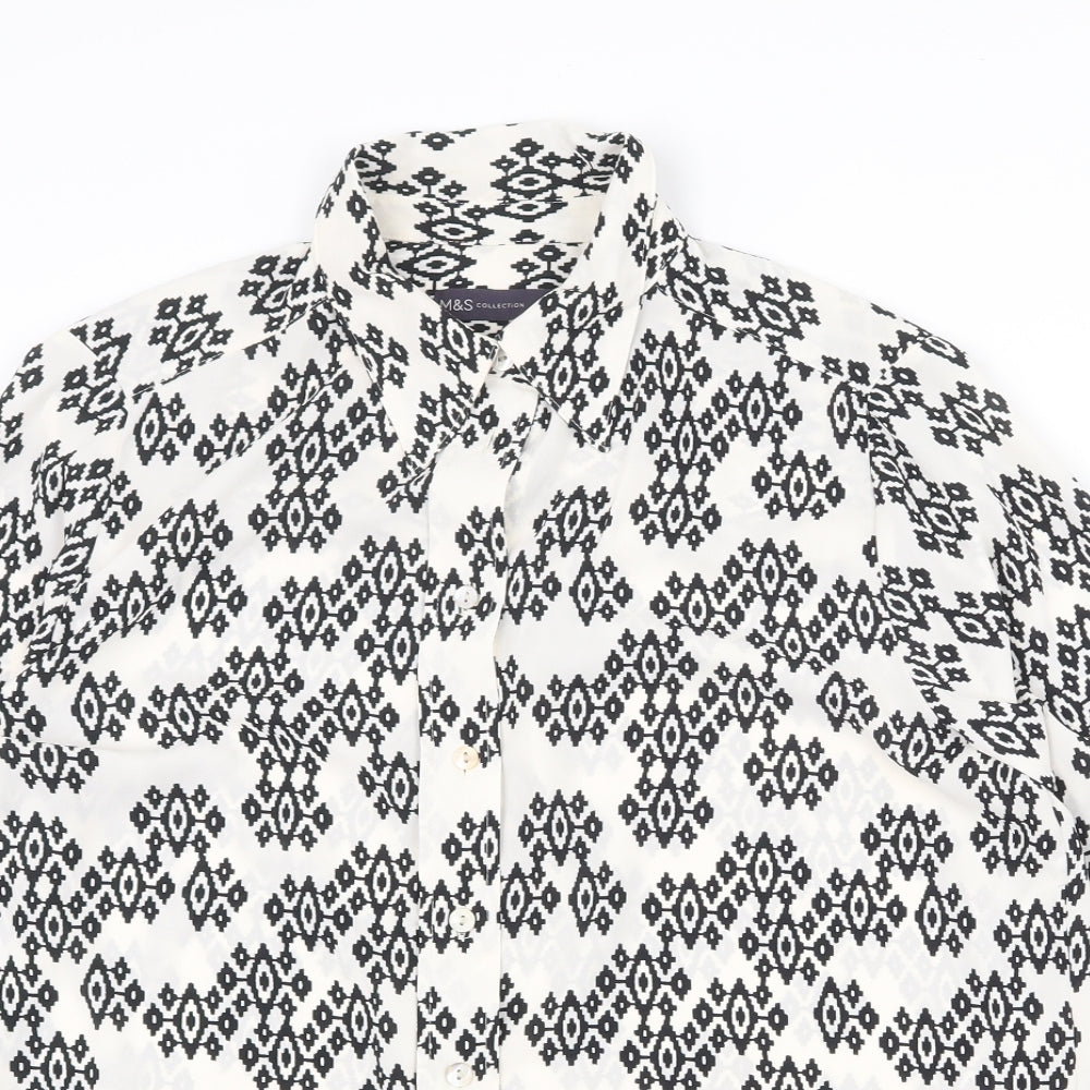 Marks and Spencer Womens White Geometric Polyester Basic Button-Up Size 14 V-Neck