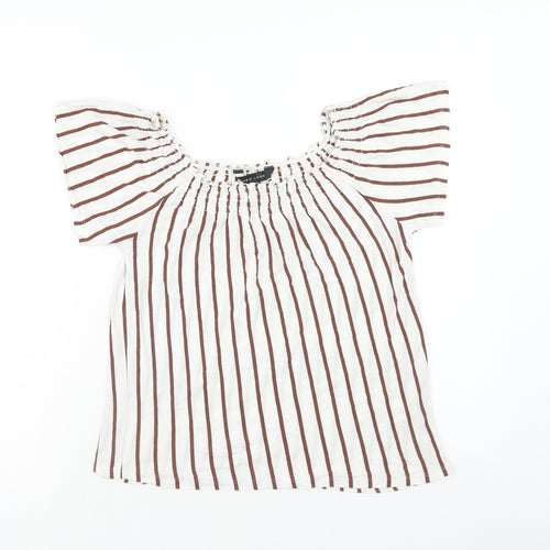 New Look Womens White Striped Cotton Basic Blouse Size 8 Round Neck