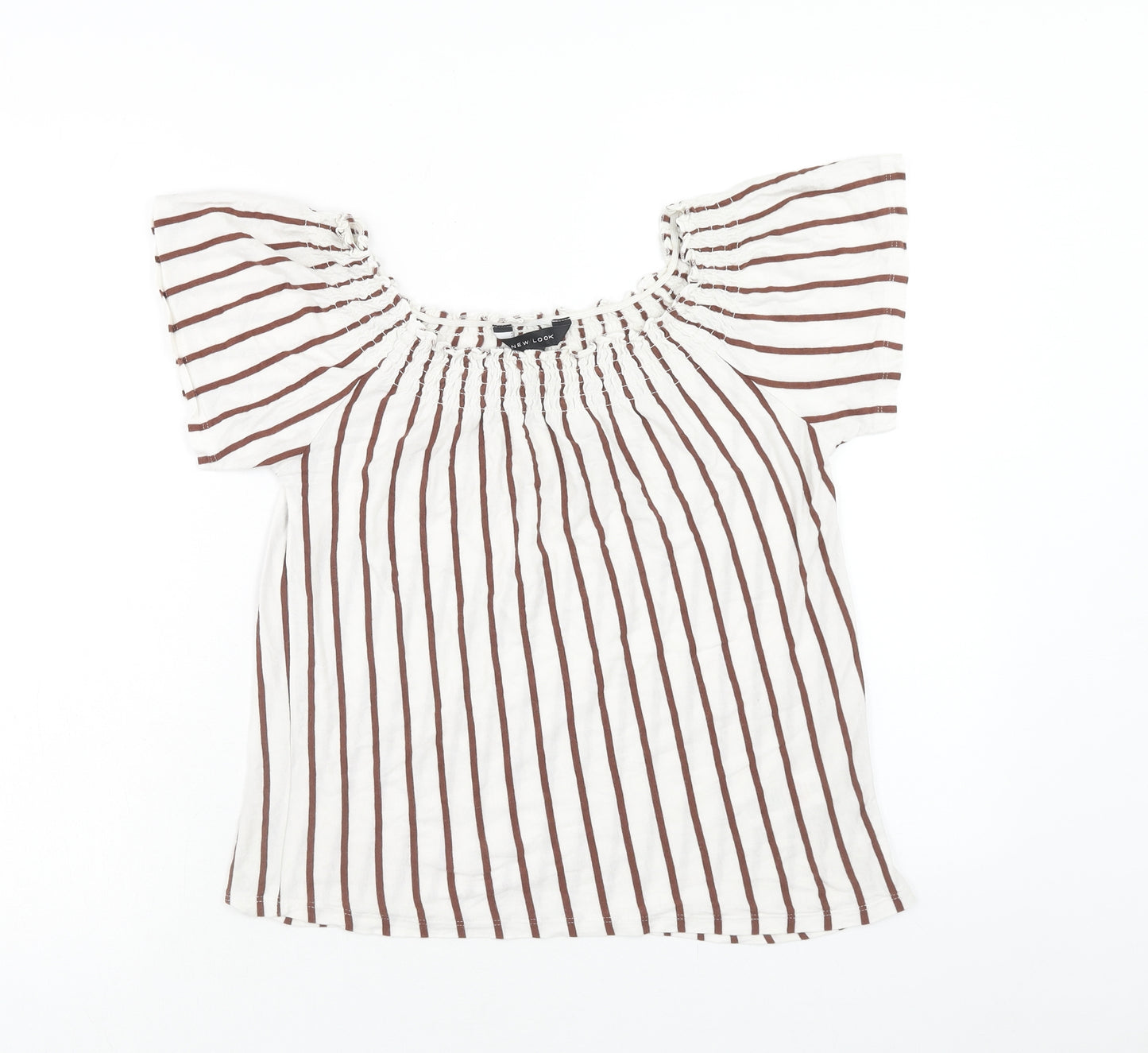 New Look Womens White Striped Cotton Basic Blouse Size 8 Round Neck