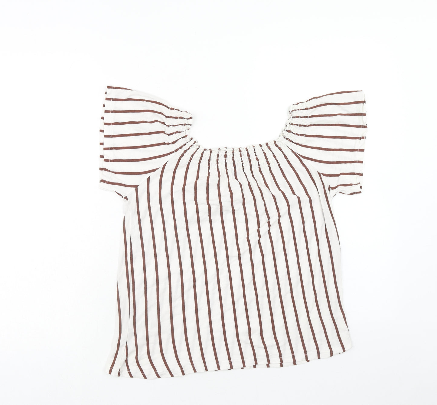 New Look Womens White Striped Cotton Basic Blouse Size 8 Round Neck