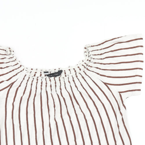 New Look Womens White Striped Cotton Basic Blouse Size 8 Round Neck