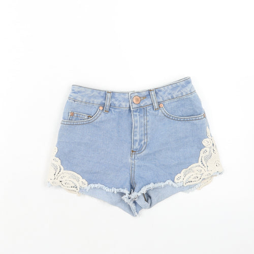 Miss Selfridge Womens Blue Cotton Cut-Off Shorts Size 4 Regular Zip - Lace Detail