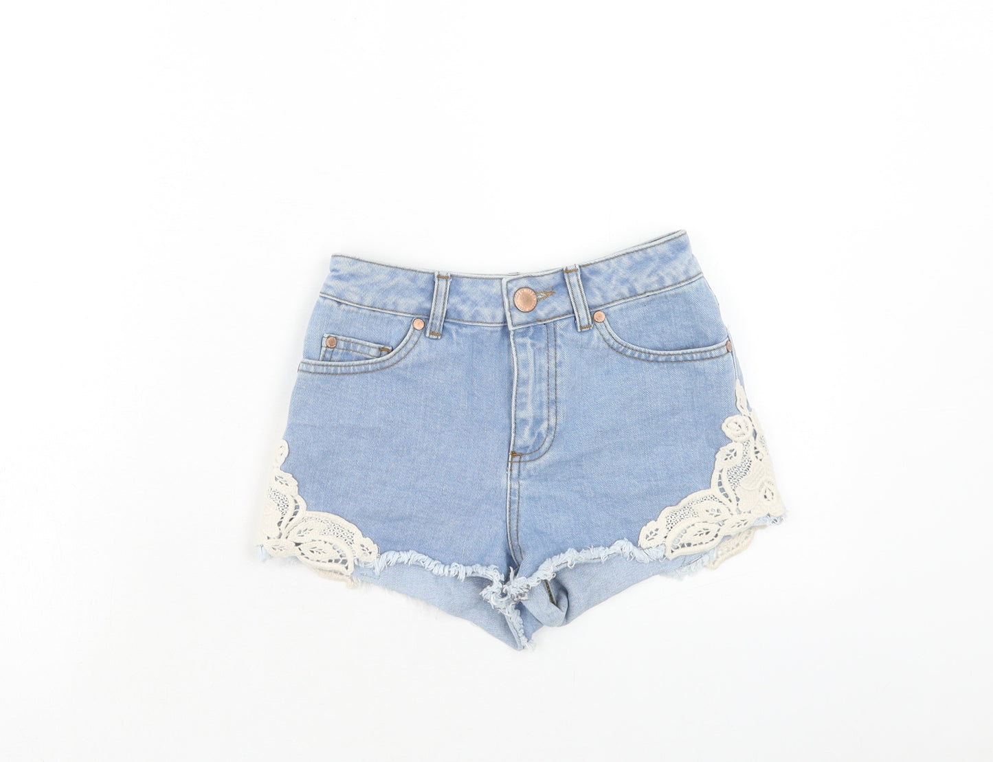 Miss Selfridge Womens Blue Cotton Cut-Off Shorts Size 4 Regular Zip - Lace Detail