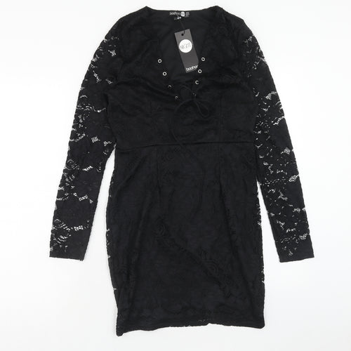 Boohoo Womens Black Polyester Pencil Dress Size 10 V-Neck Pullover