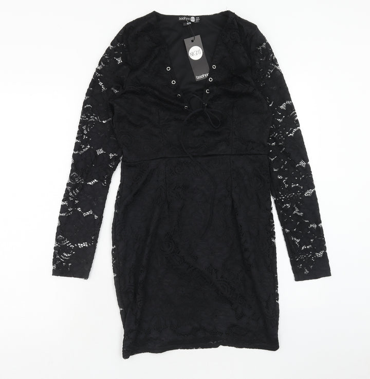 Boohoo Womens Black Polyester Pencil Dress Size 10 V-Neck Pullover