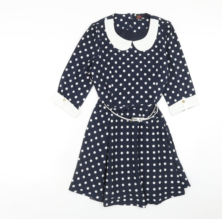 Yumi Womens Blue Polka Dot Polyester Fit & Flare Size 12 Round Neck Zip
