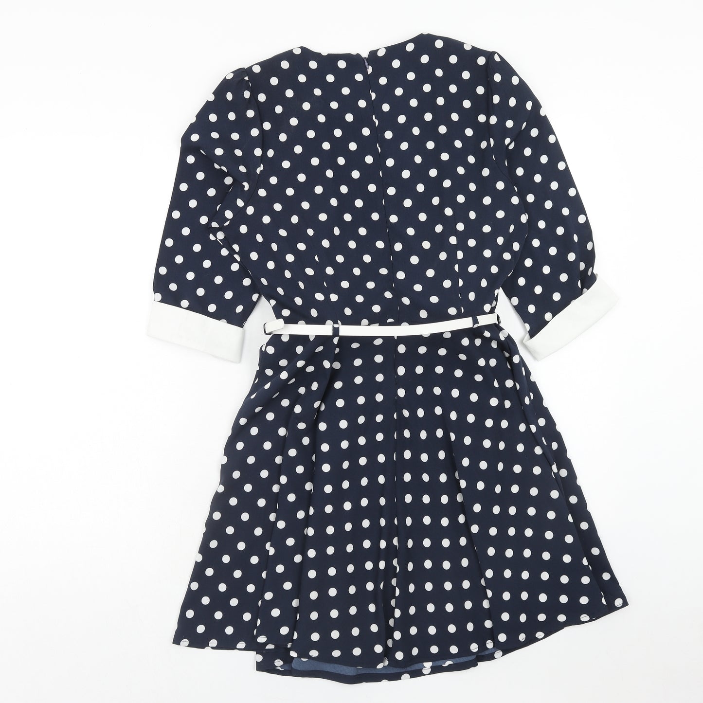 Yumi Womens Blue Polka Dot Polyester Fit & Flare Size 12 Round Neck Zip