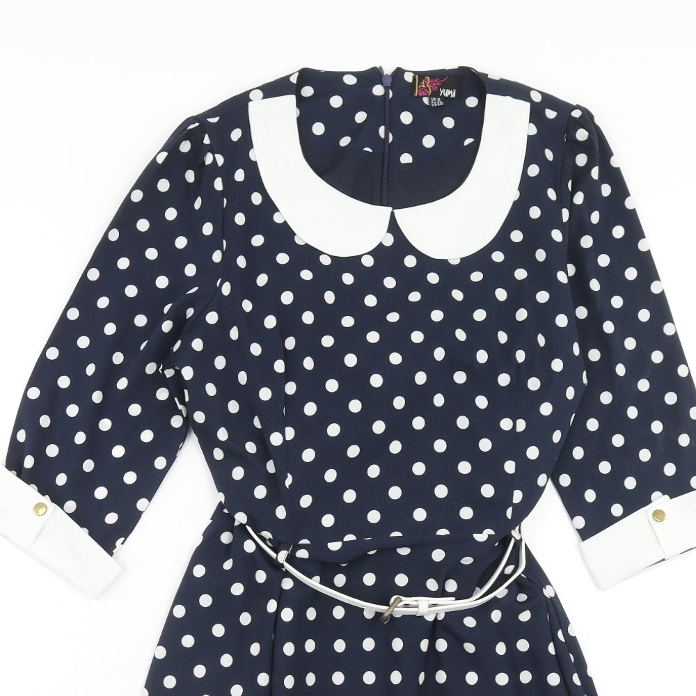 Yumi Womens Blue Polka Dot Polyester Fit & Flare Size 12 Round Neck Zip