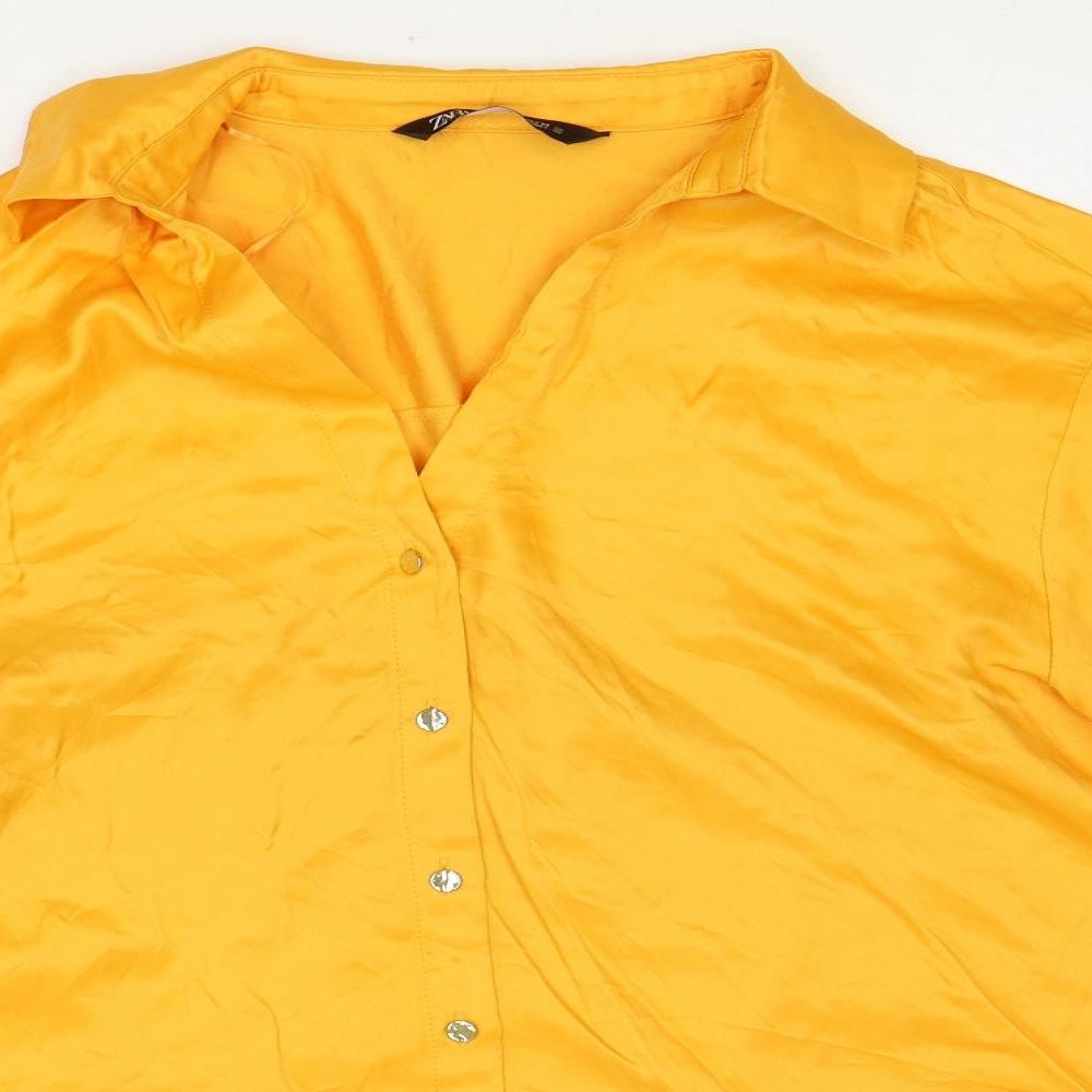 Zara Womens Orange Viscose Basic Button-Up Size L Collared