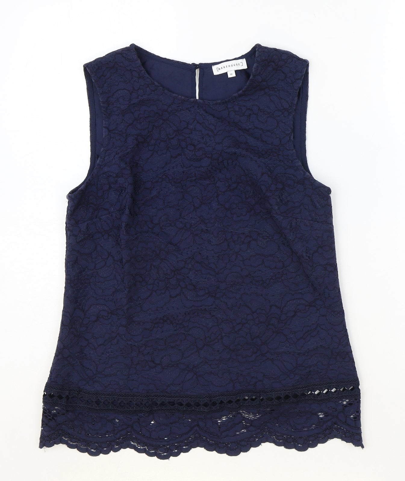Warehouse Womens Blue Geometric Cotton Basic Tank Size 10 Round Neck