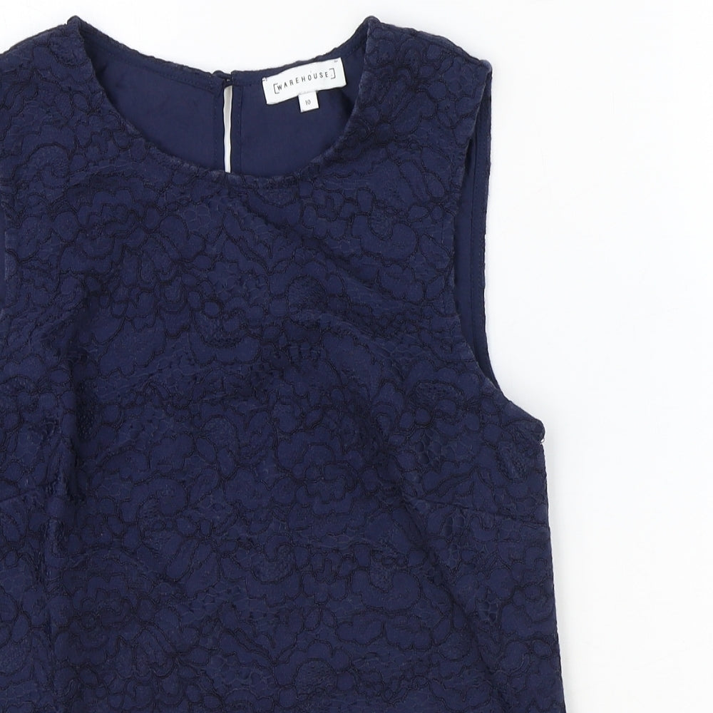 Warehouse Womens Blue Geometric Cotton Basic Tank Size 10 Round Neck