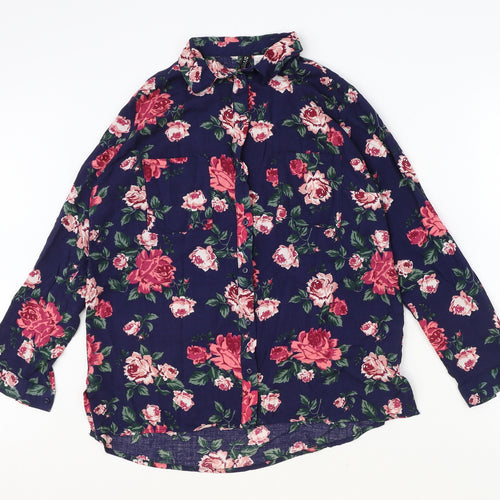 H&M Womens Blue Floral Viscose Basic Button-Up Size 12 Collared