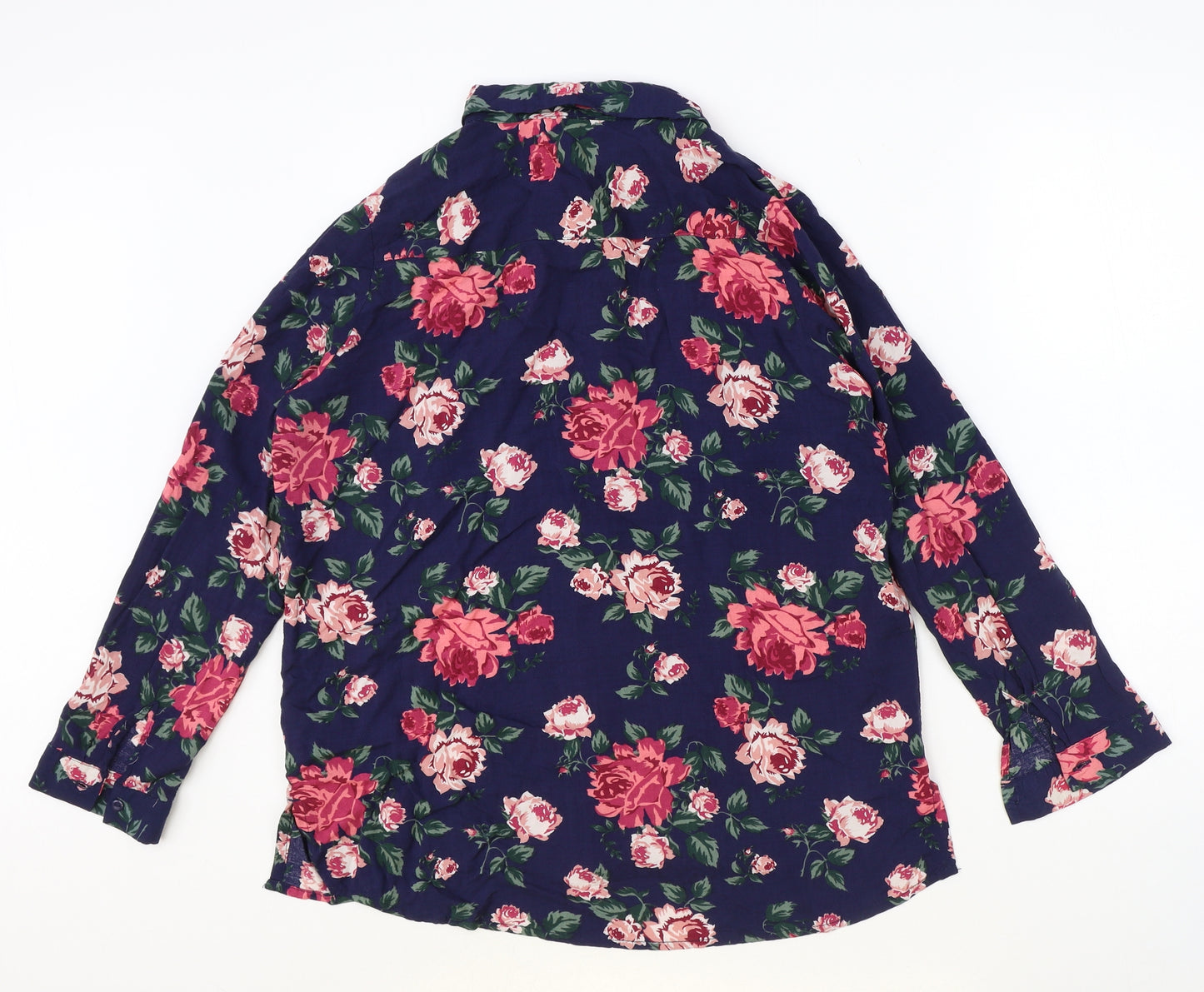 H&M Womens Blue Floral Viscose Basic Button-Up Size 12 Collared