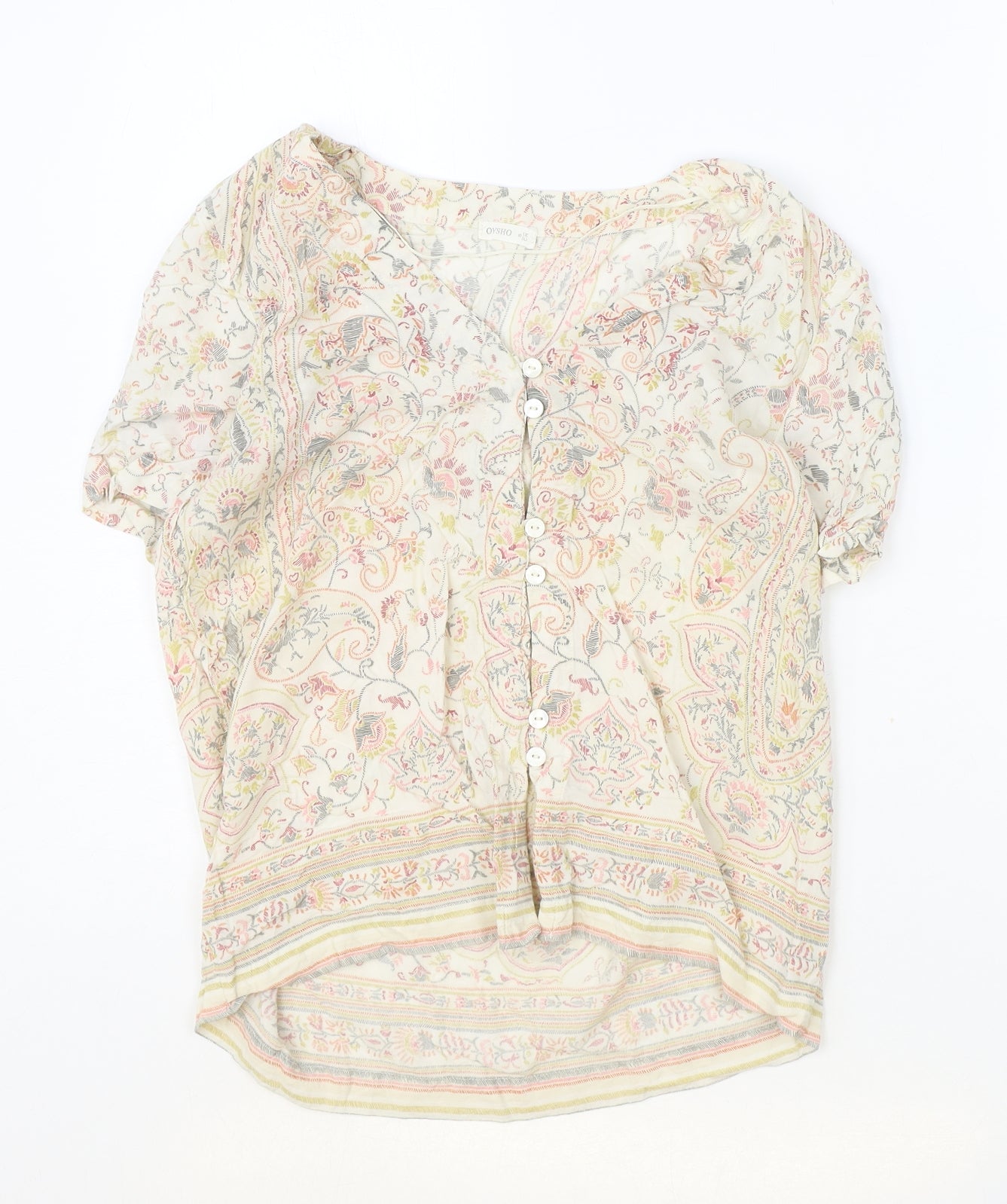 Oysho Womens Ivory Paisley Polyester Basic Blouse Size S V-Neck