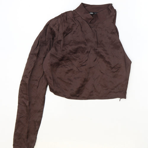 Zara Womens Brown Viscose Cropped Blouse Size S One Shoulder