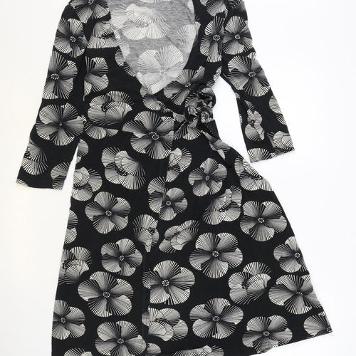 M&Co Womens Black Floral Viscose Wrap Dress Size 8 V-Neck Pullover