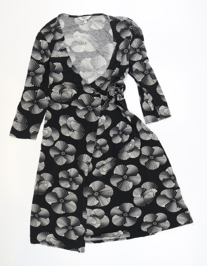M&Co Womens Black Floral Viscose Wrap Dress Size 8 V-Neck Pullover