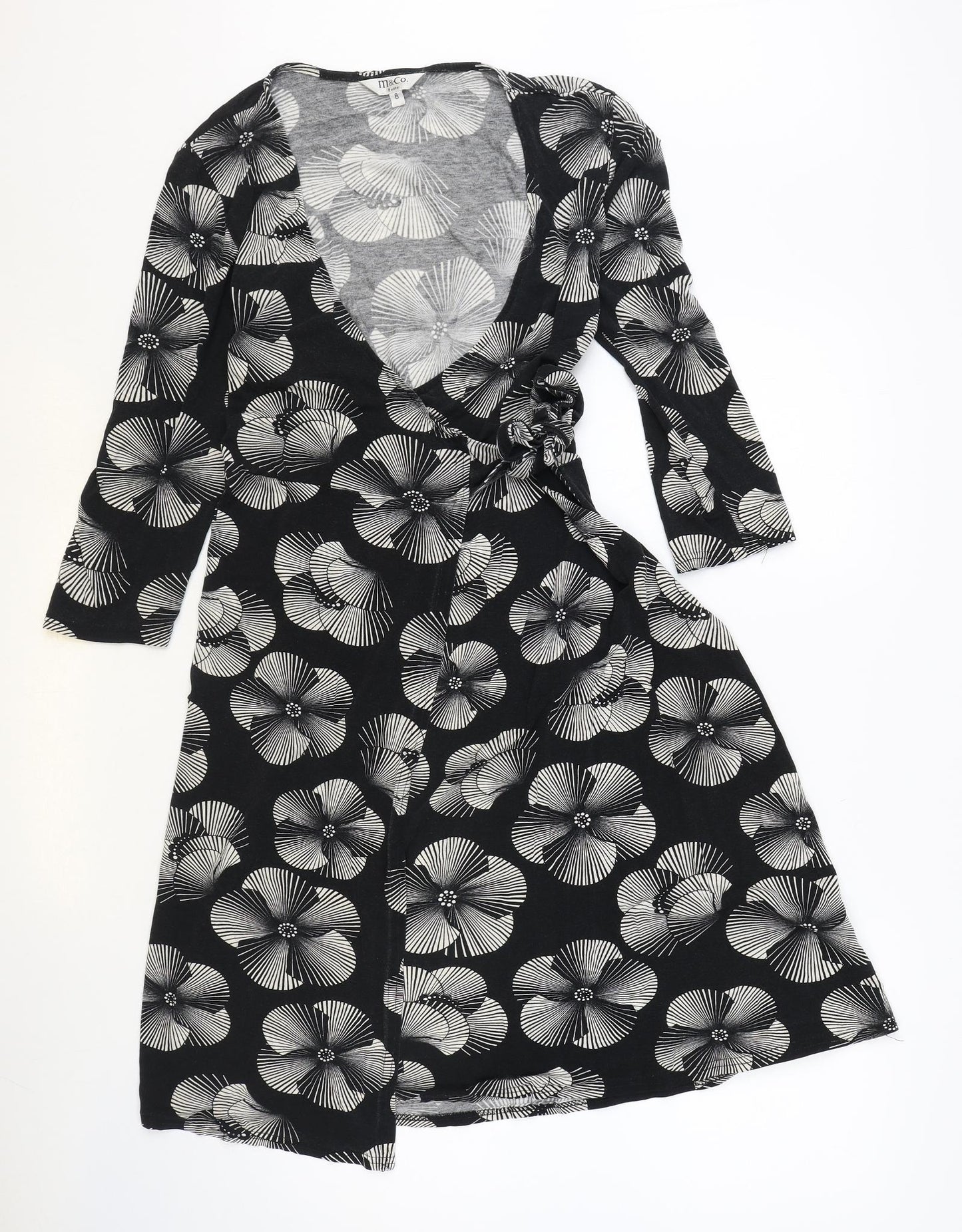 M&Co Womens Black Floral Viscose Wrap Dress Size 8 V-Neck Pullover