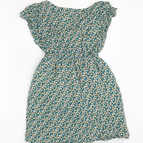 Shikka London Womens Green Geometric Cotton Fit & Flare Size S V-Neck Button - Size S-M