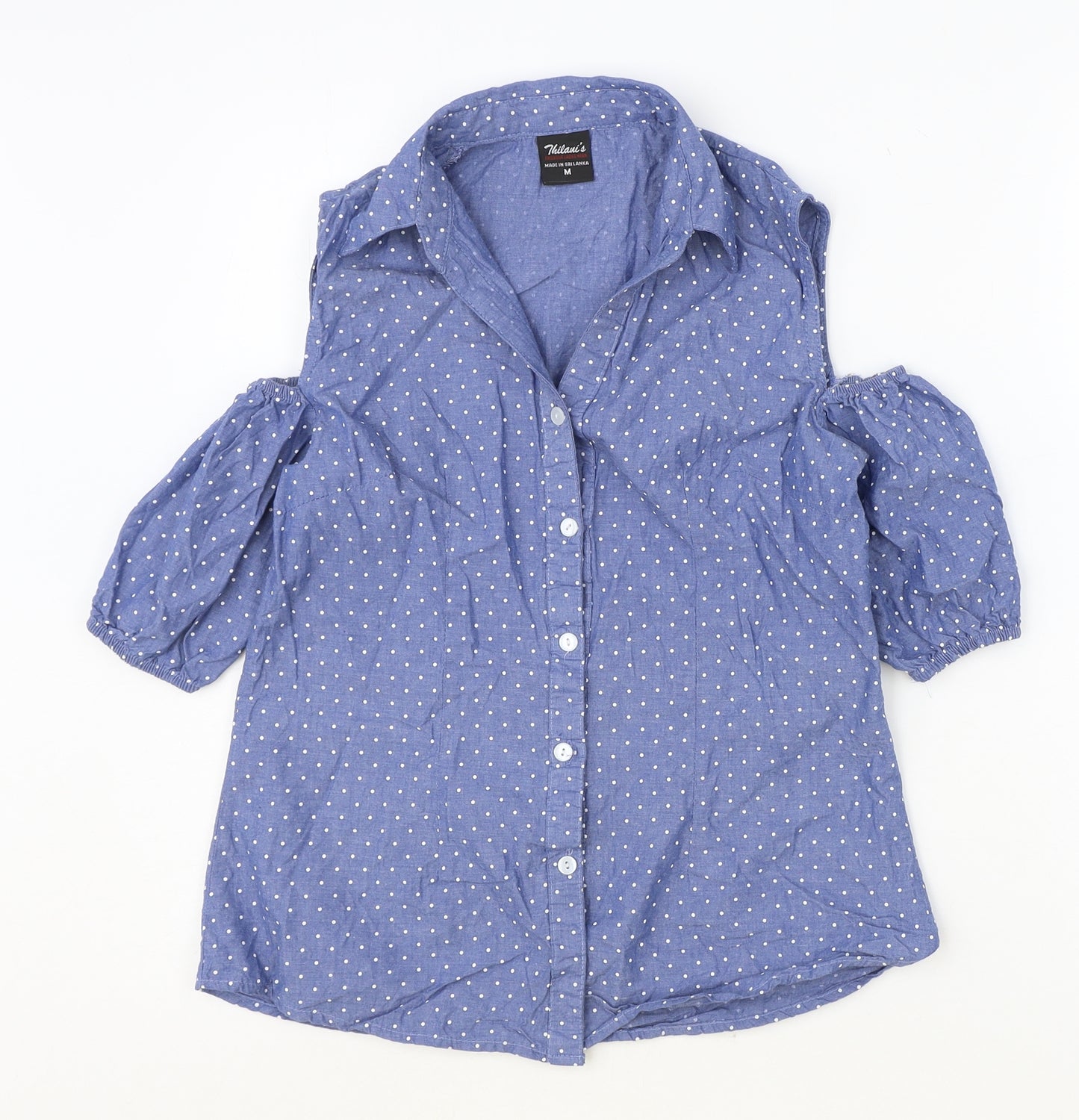 Thilani Womens Beige Polka Dot Polyester Basic Button-Up Size M Collared - Cold Shoulder