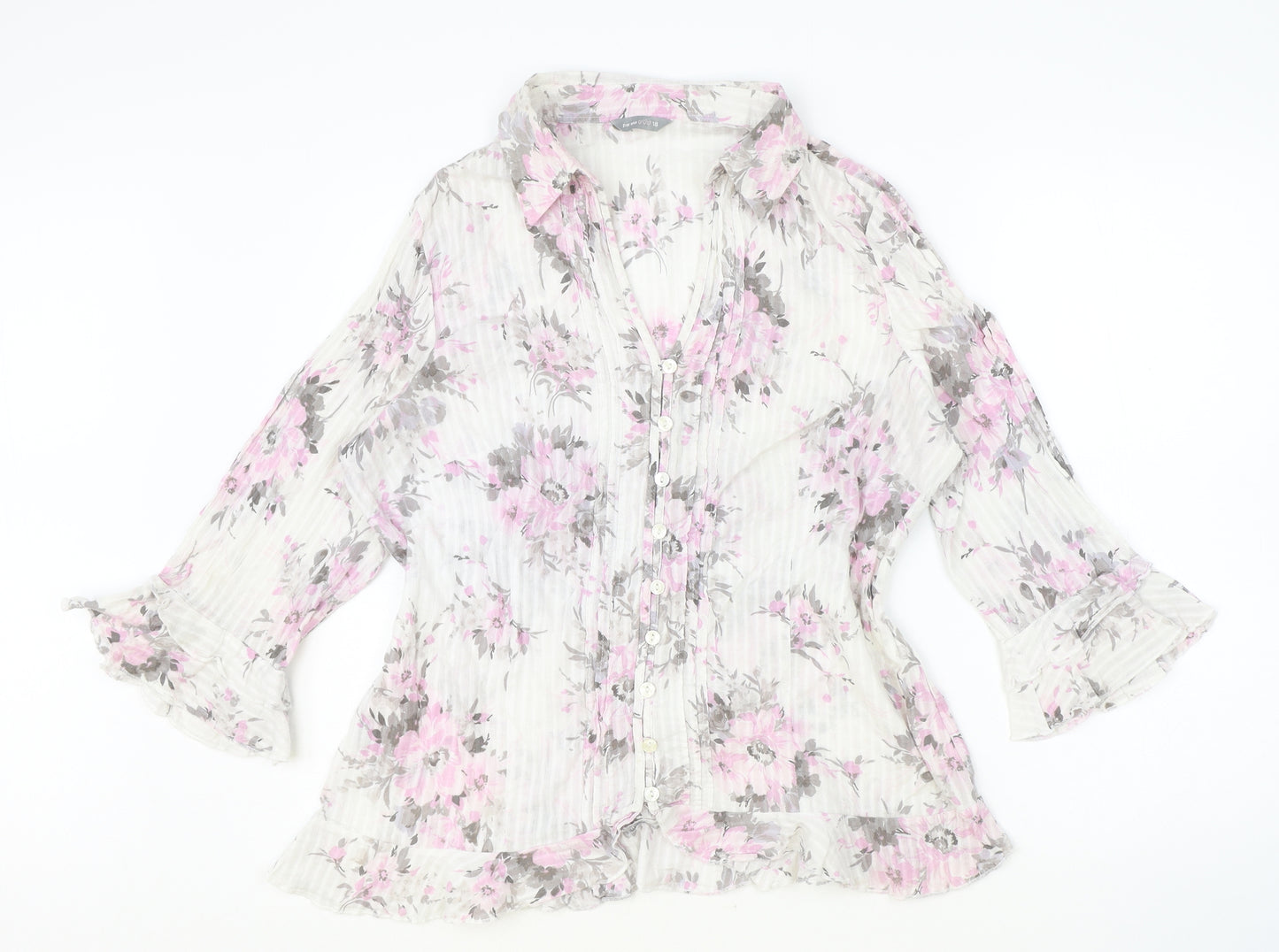 Marks and Spencer Womens Ivory Floral 100% Cotton Basic Blouse Size 18 Collared