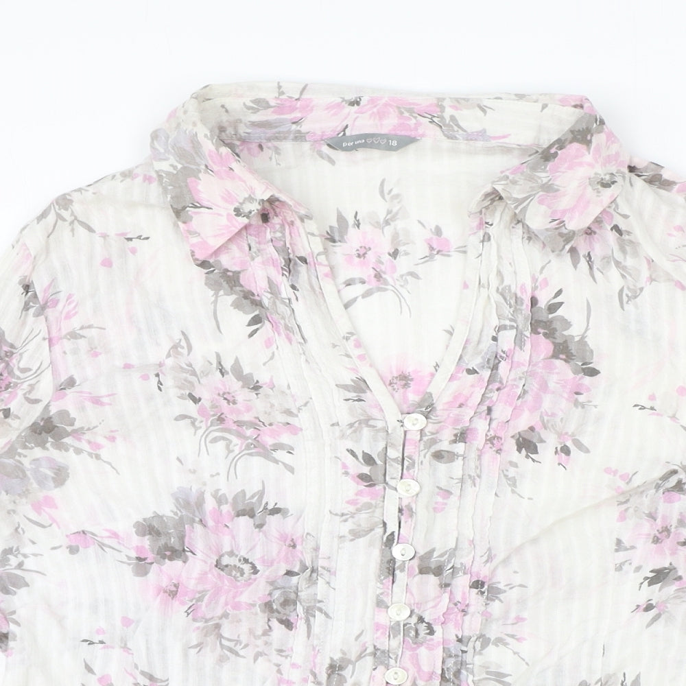 Marks and Spencer Womens Ivory Floral 100% Cotton Basic Blouse Size 18 Collared