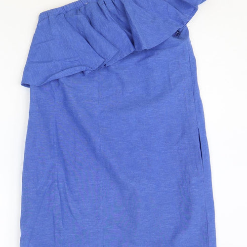 Warehouse Womens Blue Cotton Tank Dress Size 10 One Shoulder Zip