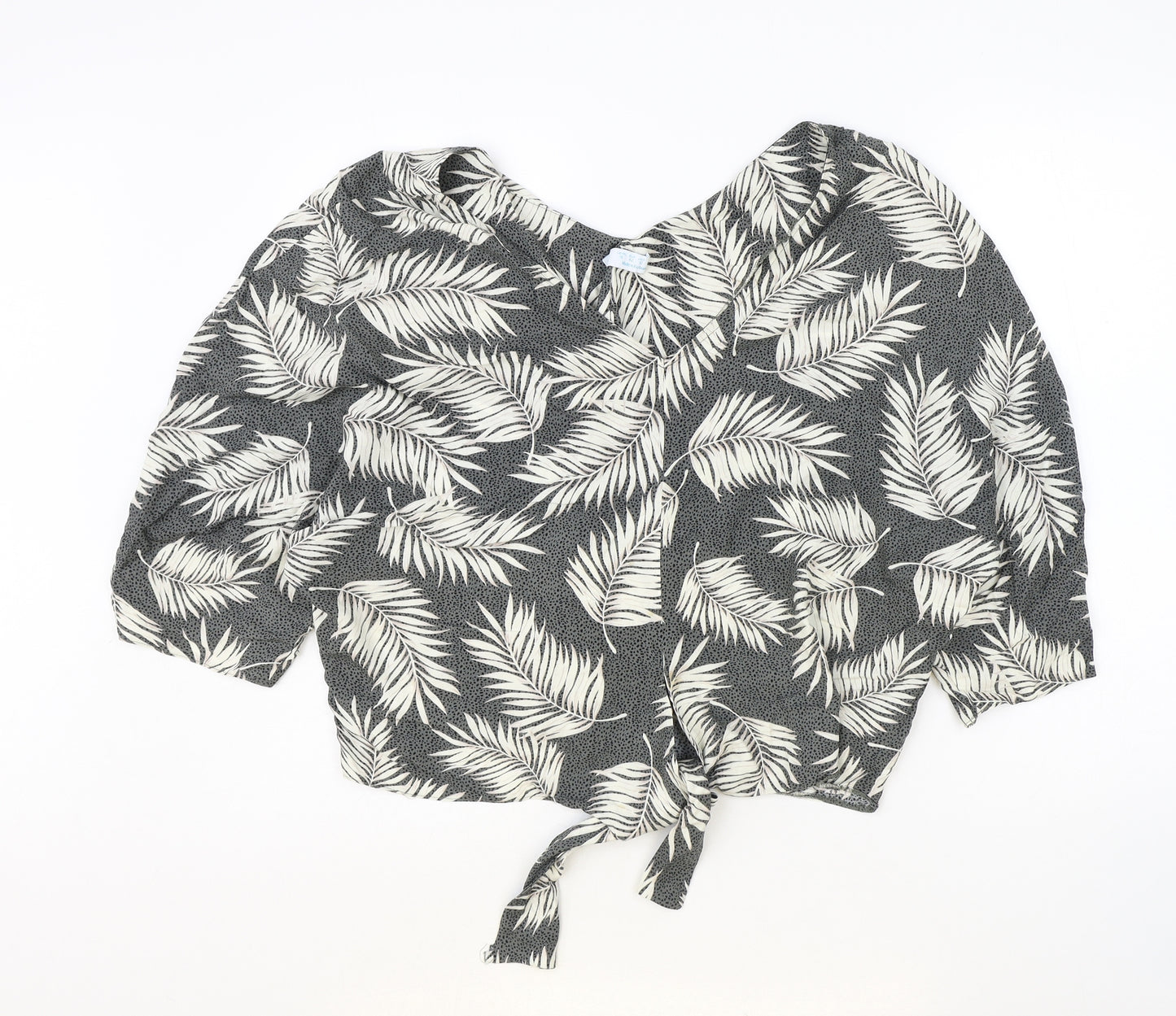 Primark Womens Green Geometric Viscose Cropped Blouse Size 14 V-Neck - Leaf Print Knot Front