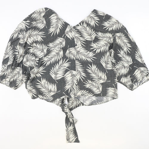 Primark Womens Green Geometric Viscose Cropped Blouse Size 14 V-Neck - Leaf Print Knot Front