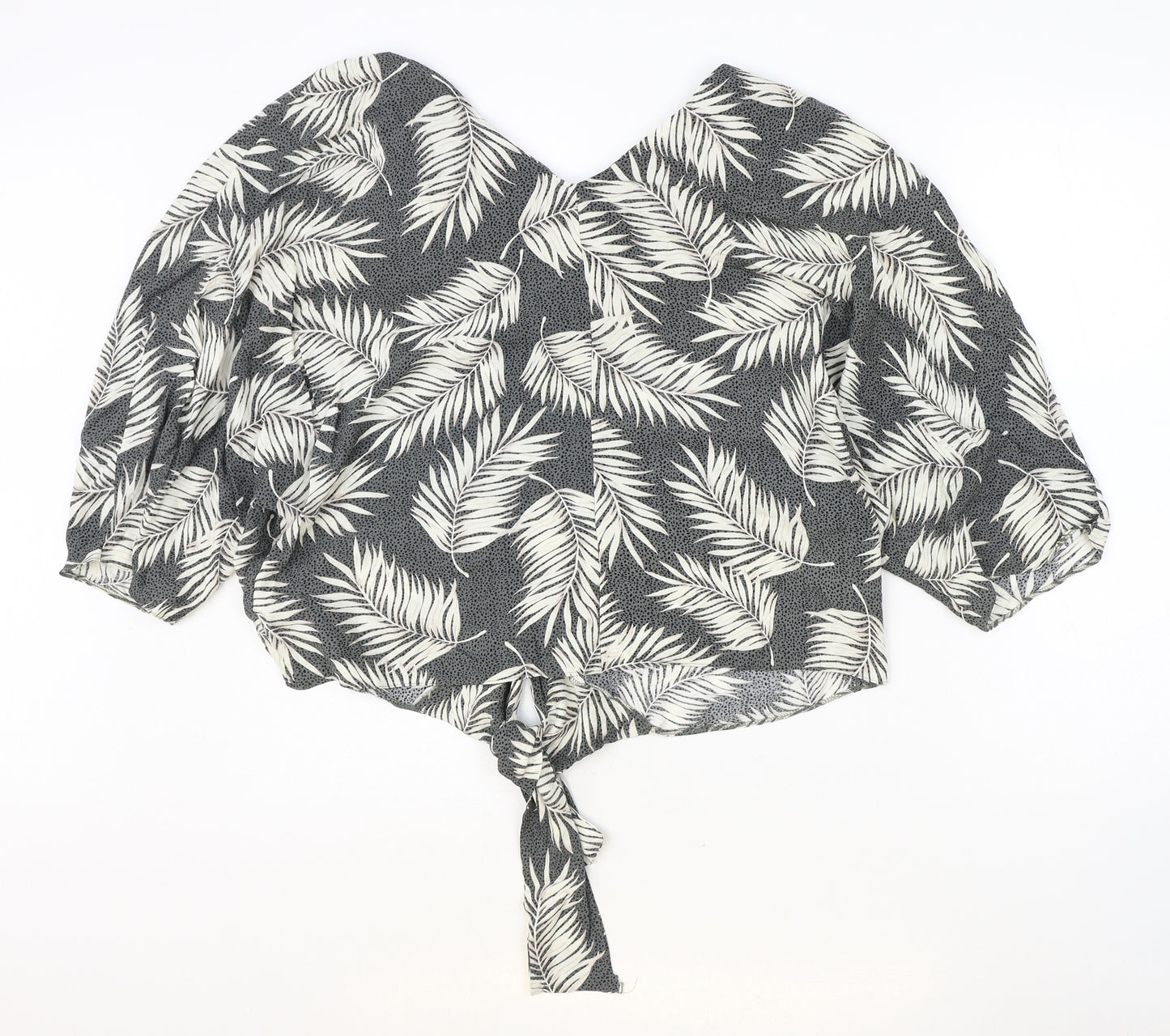 Primark Womens Green Geometric Viscose Cropped Blouse Size 14 V-Neck - Leaf Print Knot Front