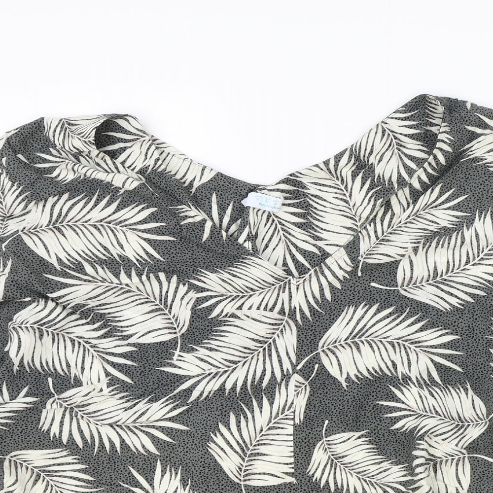 Primark Womens Green Geometric Viscose Cropped Blouse Size 14 V-Neck - Leaf Print Knot Front