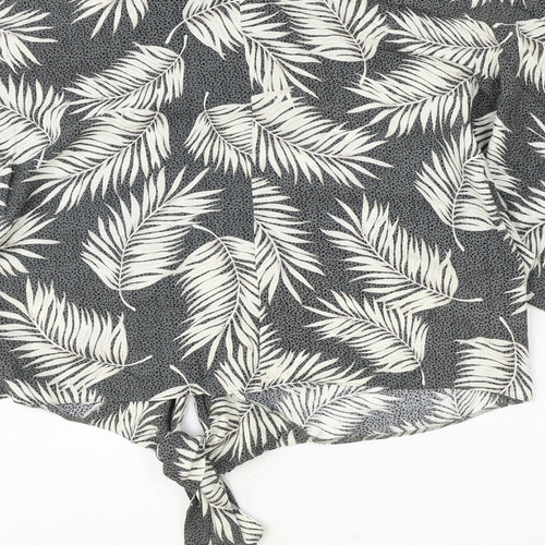 Primark Womens Green Geometric Viscose Cropped Blouse Size 14 V-Neck - Leaf Print Knot Front