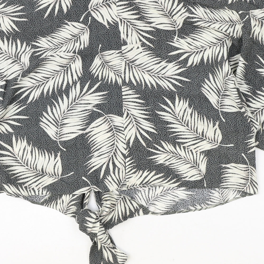 Primark Womens Green Geometric Viscose Cropped Blouse Size 14 V-Neck - Leaf Print Knot Front