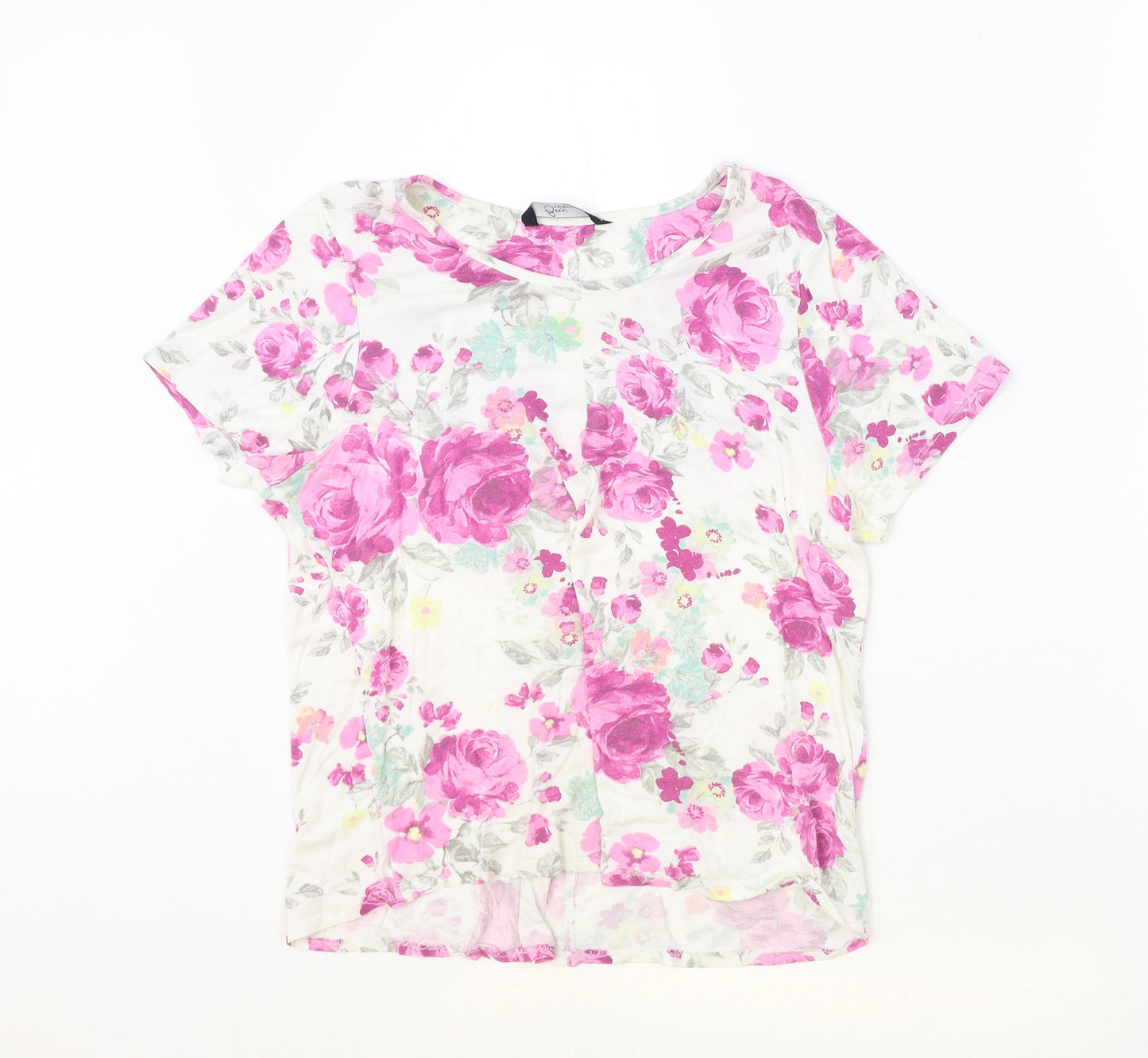 Bm Collection Womens Ivory Floral Polyester Basic T-Shirt Size 16 Round Neck