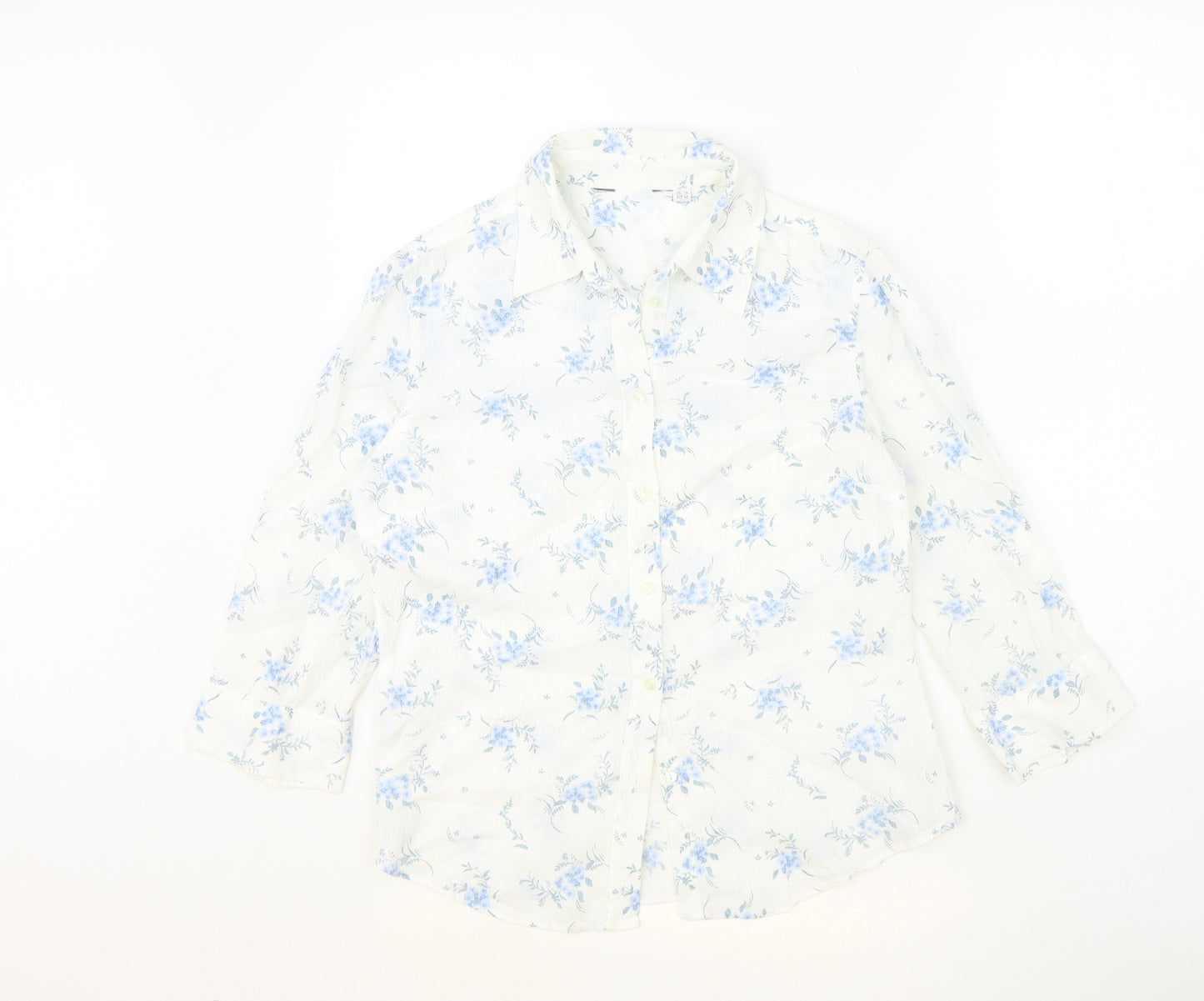Preworn Womens Ivory Floral 100% Cotton Basic Button-Up Size 14 Collared