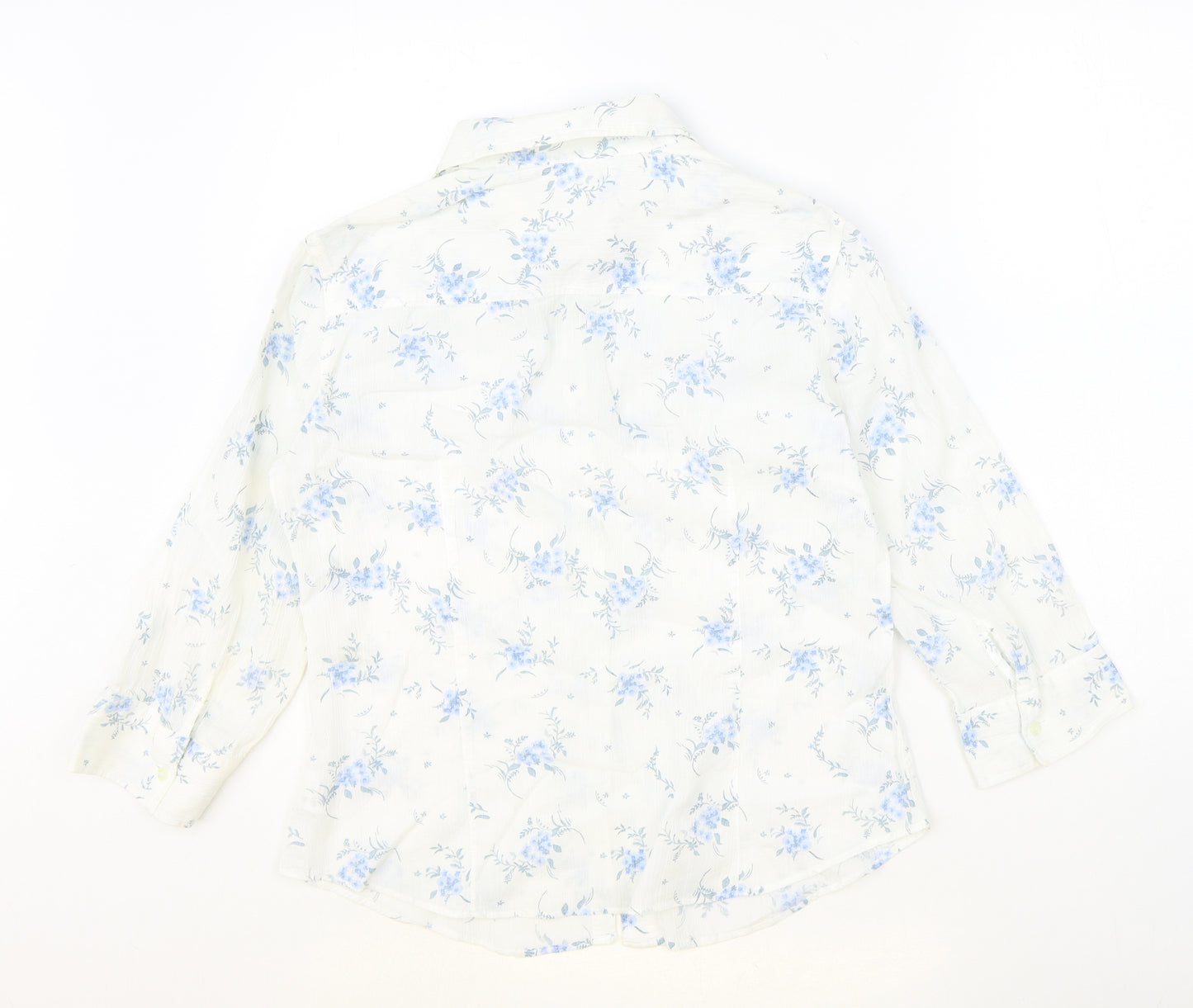 Preworn Womens Ivory Floral 100% Cotton Basic Button-Up Size 14 Collared