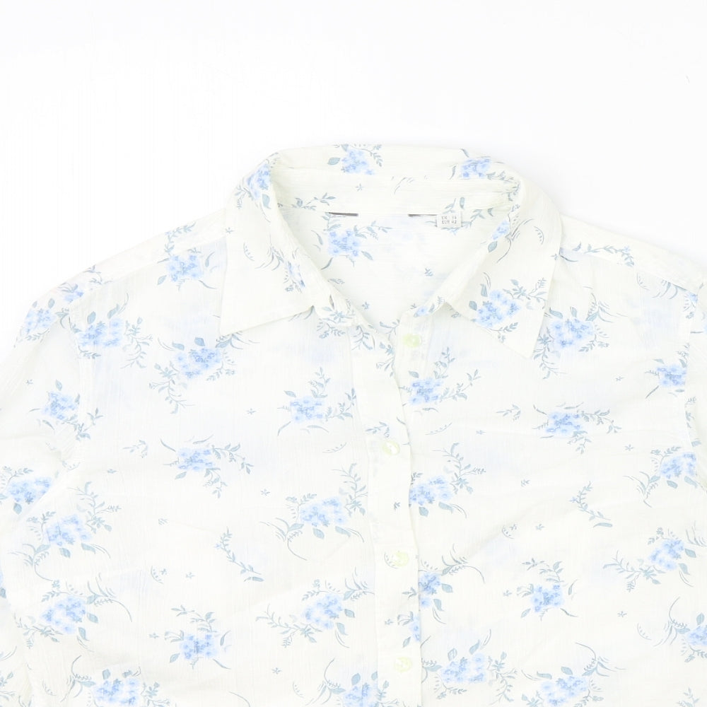 Preworn Womens Ivory Floral 100% Cotton Basic Button-Up Size 14 Collared