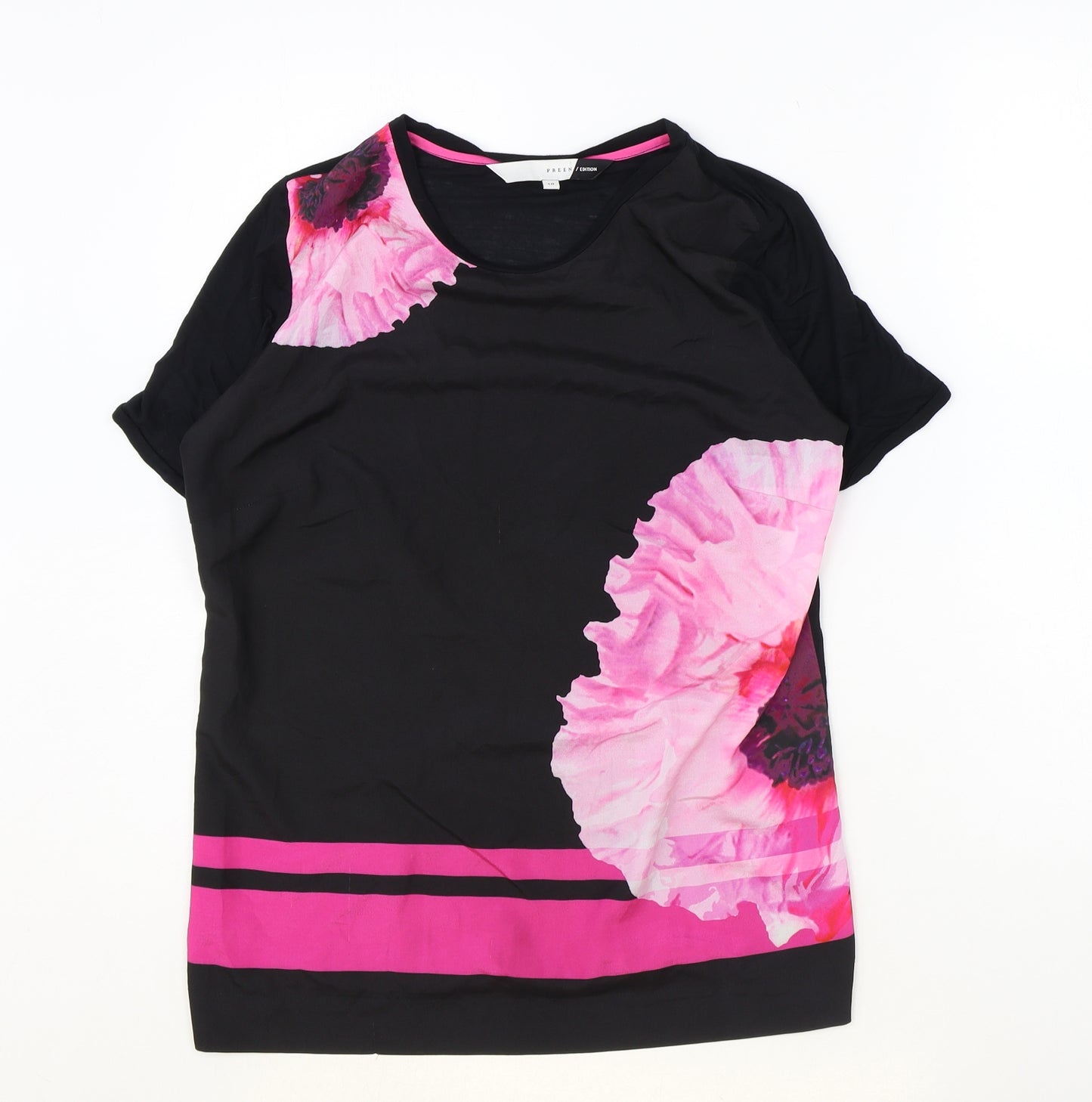Preen Womens Black Floral Polyester Basic T-Shirt Size 10 Round Neck