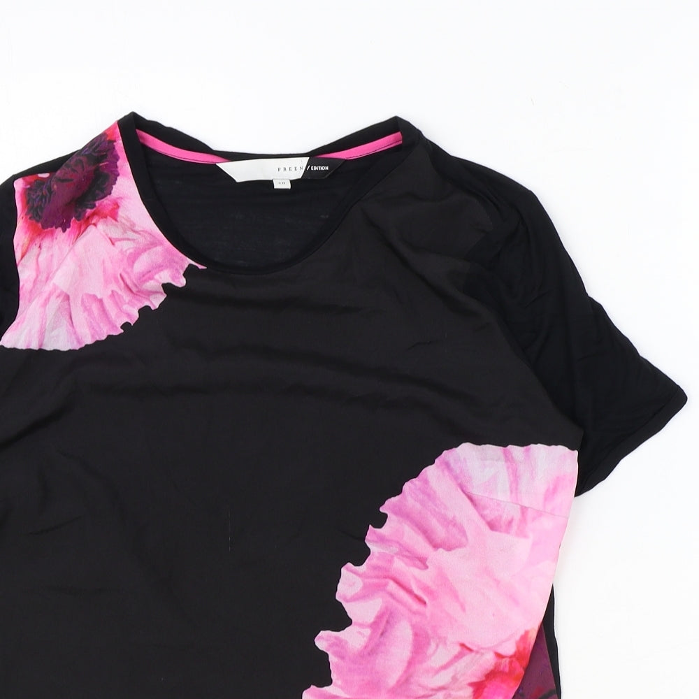 Preen Womens Black Floral Polyester Basic T-Shirt Size 10 Round Neck
