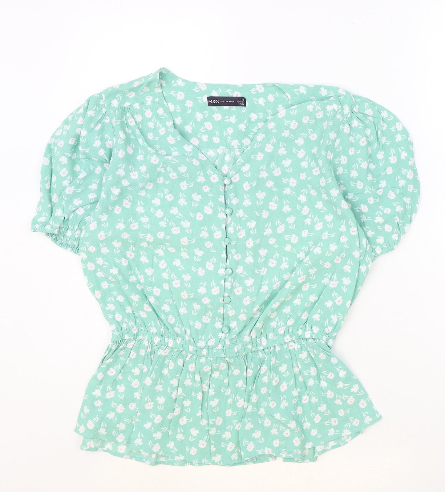 Marks and Spencer Womens Green Floral Viscose Basic Blouse Size 12 V-Neck