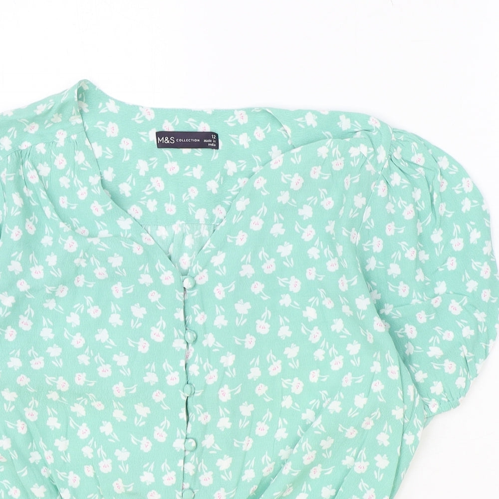Marks and Spencer Womens Green Floral Viscose Basic Blouse Size 12 V-Neck