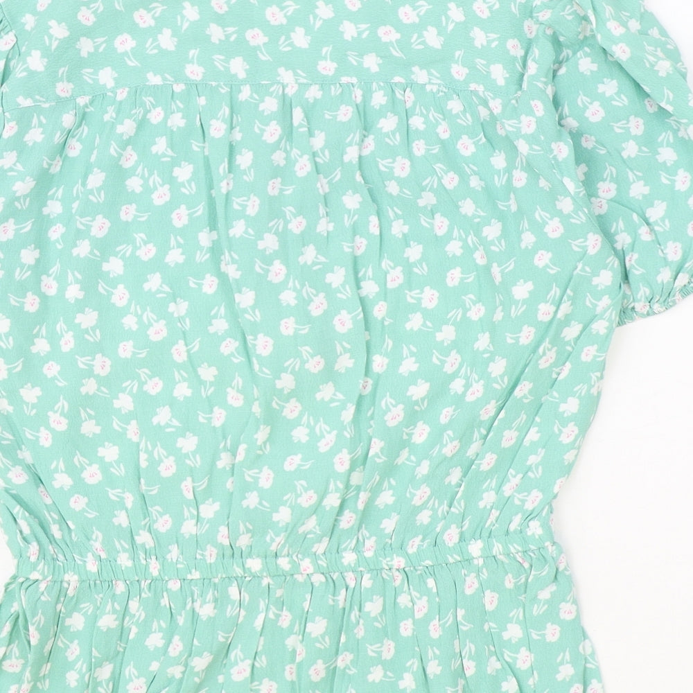 Marks and Spencer Womens Green Floral Viscose Basic Blouse Size 12 V-Neck