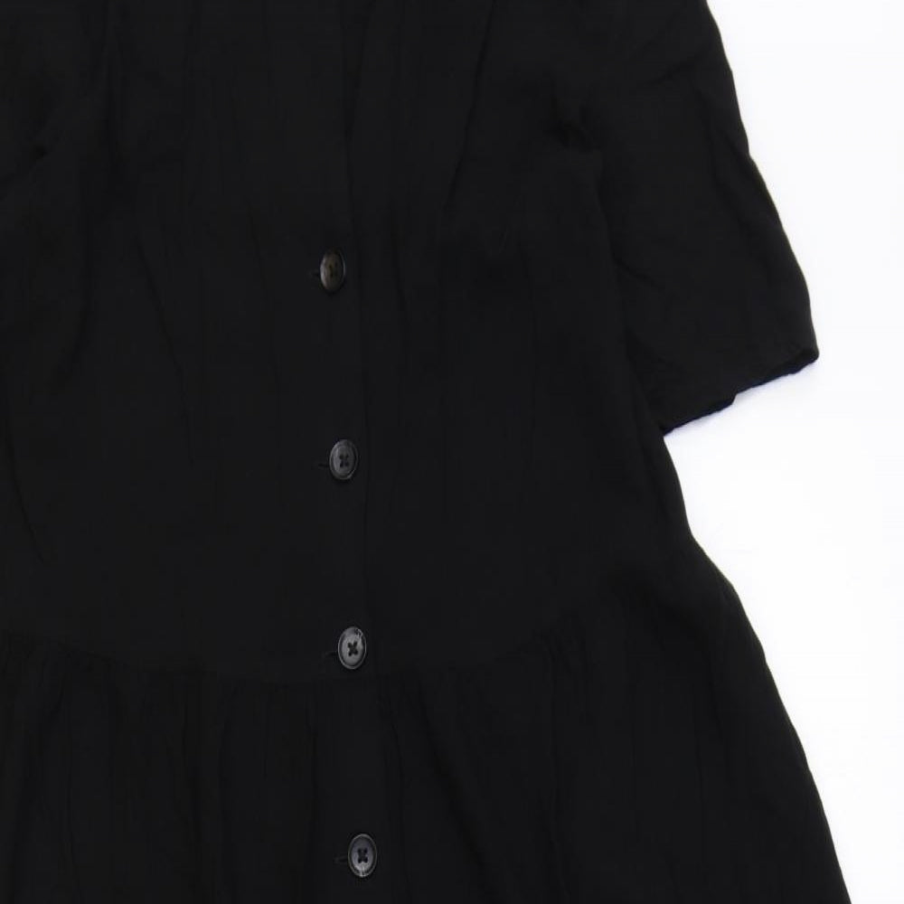 Monki Womens Black Herringbone Viscose Shirt Dress Size S Collared Button