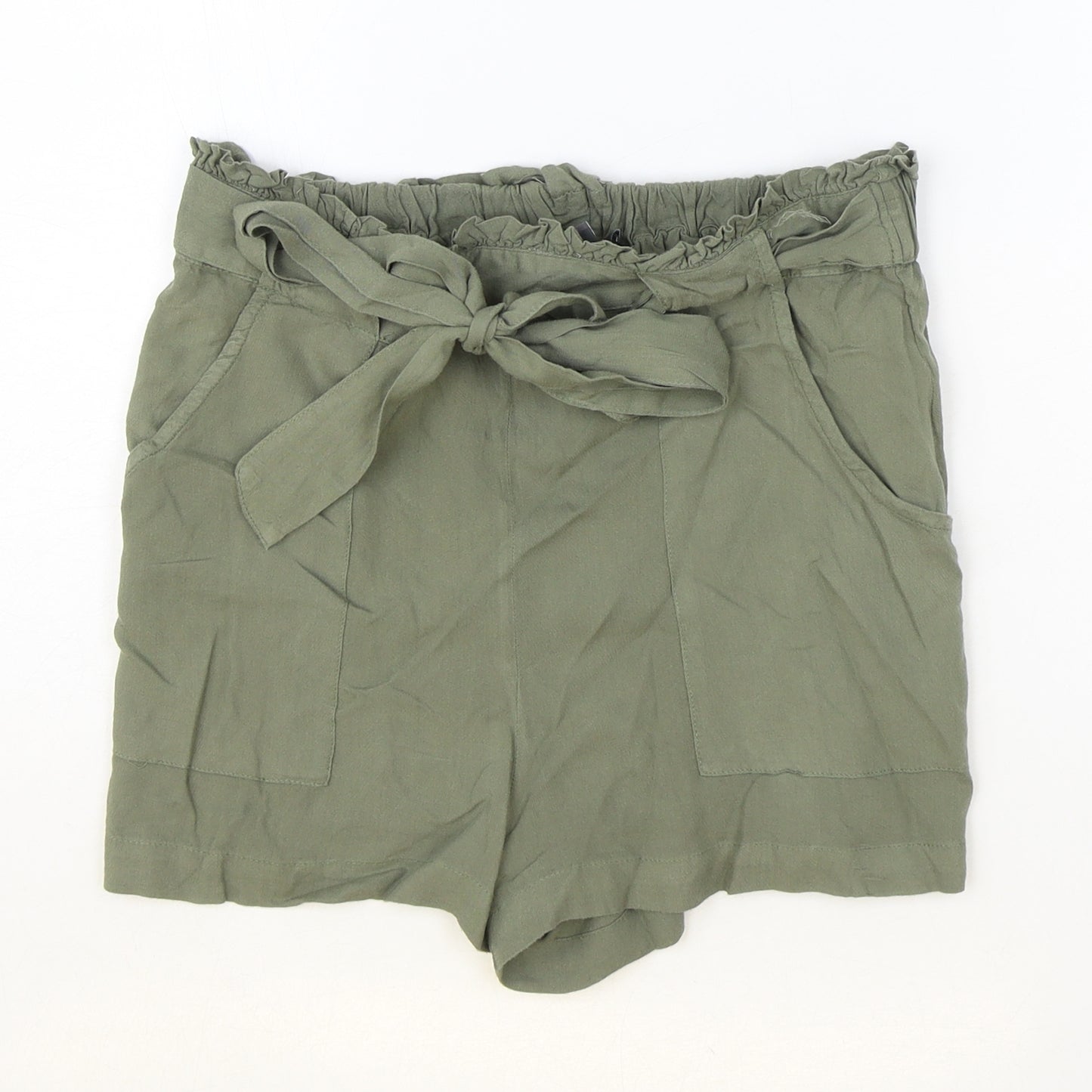 Primark Womens Green Viscose Paperbag Shorts Size 10 Regular Tie