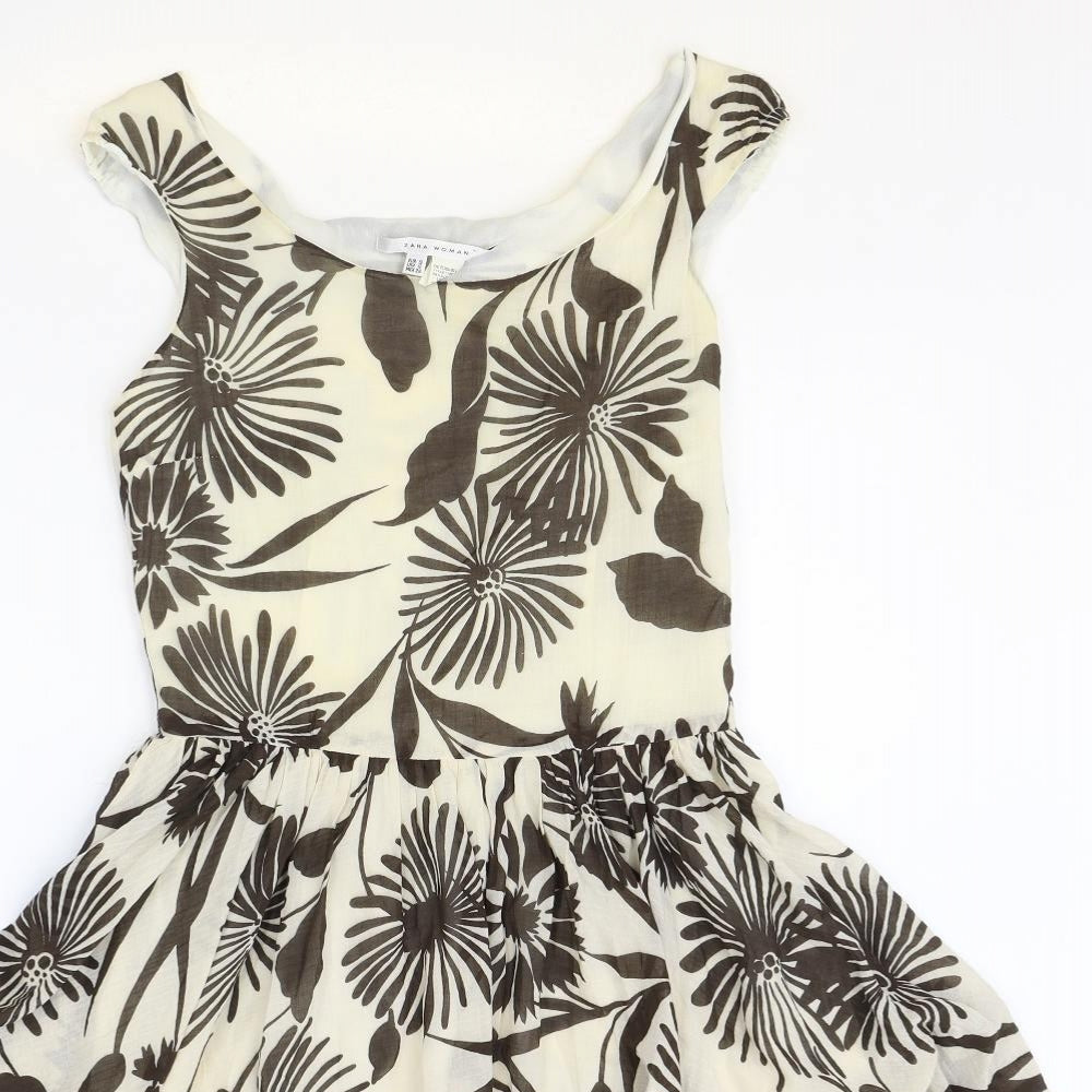 Zara Womens Beige Floral Cotton Skater Dress Size S Boat Neck Zip