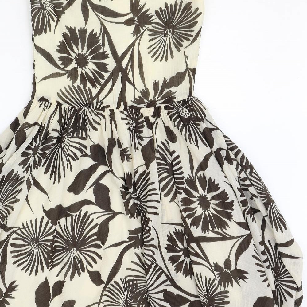 Zara Womens Beige Floral Cotton Skater Dress Size S Boat Neck Zip